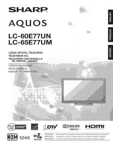 Sharp LC-60E77UN LCD Television Owner's Manual | Manualzz Sharp LC-60E77UN LCD Television Owner's Manual | Manualzz