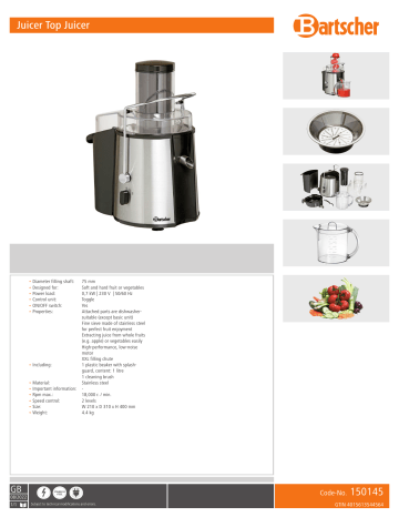 Bartscher 150145 Juicer Top Juicer Data sheet | Manualzz Bartscher 150145 Juicer Top Juicer Data sheet | Manualzz