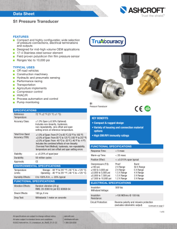 Ashcroft S1 Pressure Transducer Datasheet Manualzz