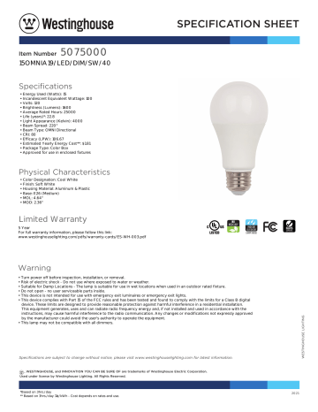 Westinghouse 5075000 100W Equivalent Cool White Omni A19 Dimmable LED