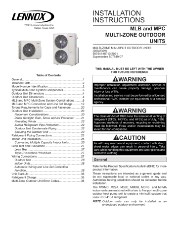 Lennox MLB 3PC And MPC Multi Zone Heat Pump Installation Instructions