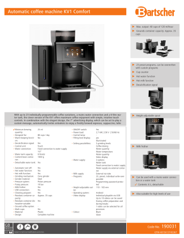 Bartscher 190031 Automatic coffee machine KV1 Comfort Data sheet | Manualzz Bartscher 190031 Automatic coffee machine KV1 Comfort Data sheet | Manualzz