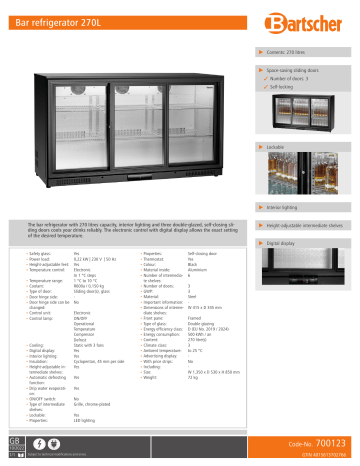Bartscher 700123 Bar refrigerator 270L Data sheet | Manualzz Bartscher 700123 Bar refrigerator 270L Data sheet | Manualzz