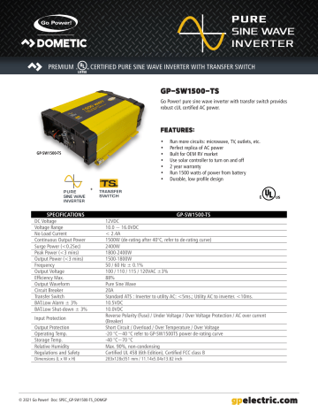 Go Power GP SW1500 TS Pure Sine Inverter Transfer Switch Spec Sheet