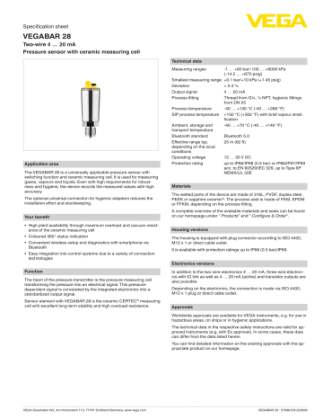 Vega VEGABAR 28 Pressure Sensor With Switching Function Specification