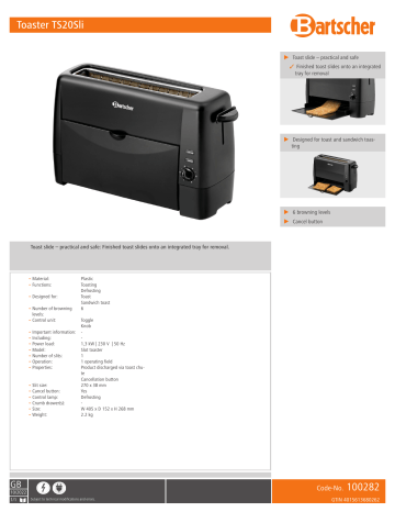 Bartscher 100282 Toaster TS20Sli Data sheet | Manualzz Bartscher 100282 Toaster TS20Sli Data sheet | Manualzz