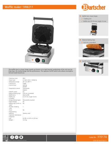 Bartscher 370174 Waffle maker 1HW211 Data sheet | Manualzz Bartscher 370174 Waffle maker 1HW211 Data sheet | Manualzz