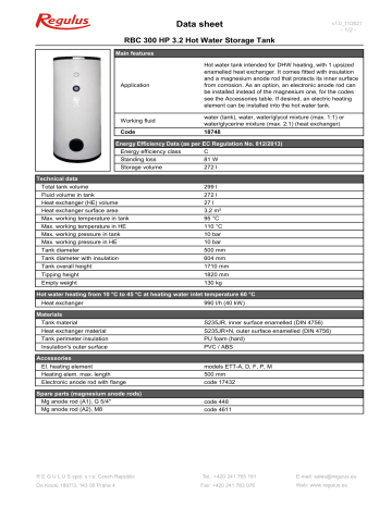 Regulus RBC 300 HP 3 2V Hot Water Storage Tank Technical Data Sheet