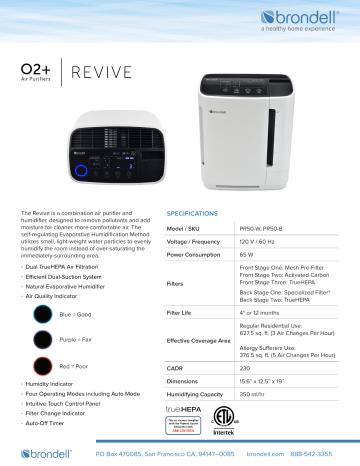 No PR50-B O2+ Revive TrueHEPA Air Purifier and Humidifier in Black Spec Sheet | Manualzz