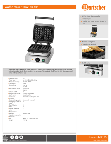 Bartscher 370175 Waffle maker 1BW160-101 Data sheet | Manualzz Bartscher 370175 Waffle maker 1BW160-101 Data sheet | Manualzz