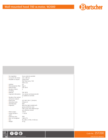 Bartscher 257200 Wall-mounted hood 700 w.motor, W2000 Data sheet | Manualzz Bartscher 257200 Wall-mounted hood 700 w.motor, W2000 Data sheet | Manualzz