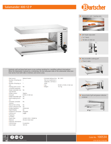 Bartscher 100534 Salamander 400-1Z-P Data sheet | Manualzz Bartscher 100534 Salamander 400-1Z-P Data sheet | Manualzz