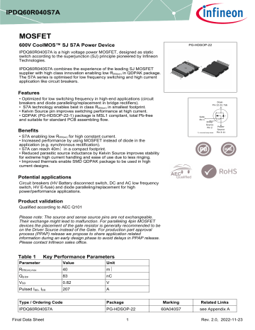 Infineon Ipdq R S A Mosfet Data Sheet Manualzz