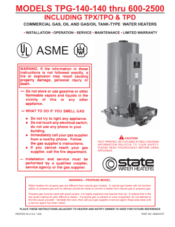State Water Heaters TPD-140-140, TPO-140-140 Instruction Manual | Manualzz