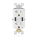 Leviton GUSB2-W 20 Amp Smartlock Pro Self-Test GFCI Combination 24-Watt (4.8 Amp) Type A USB In-Wall Charger Duplex Outlet, White Specification