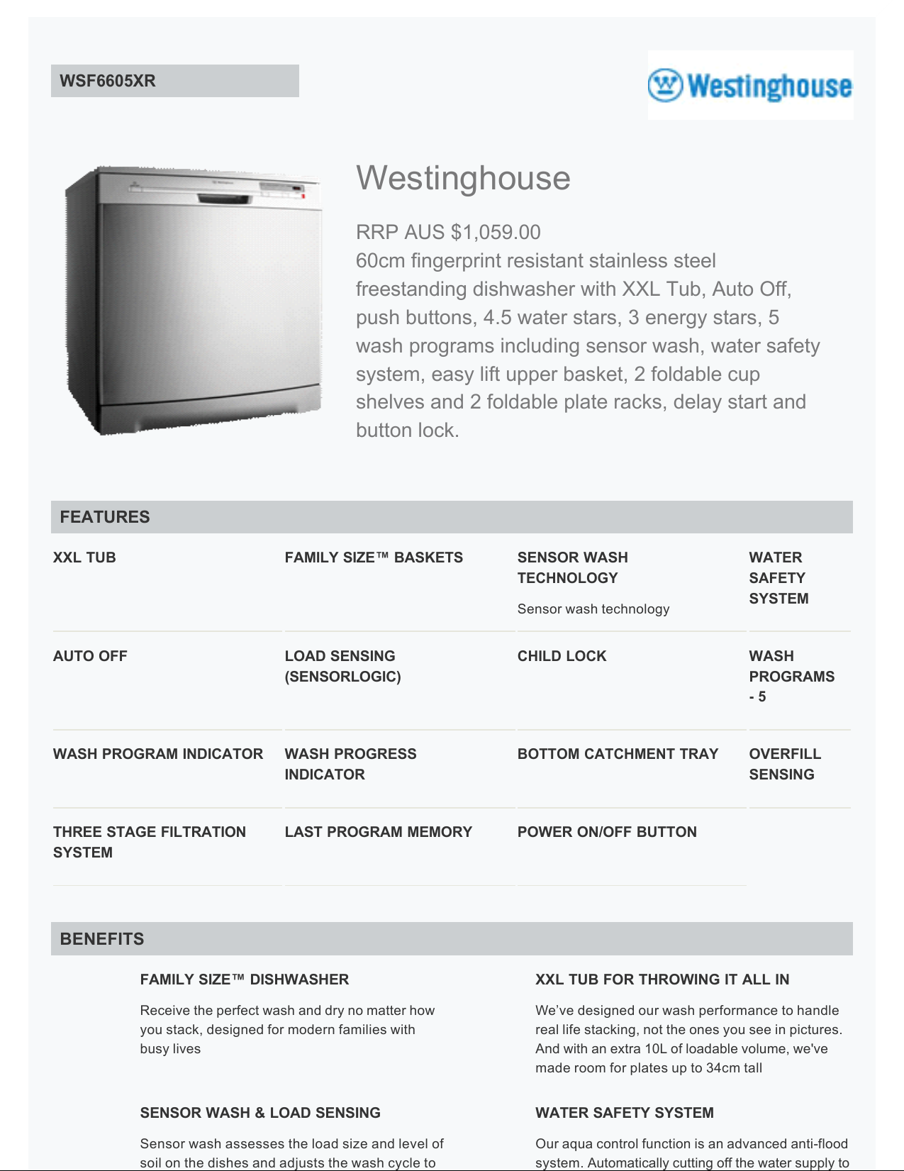 westinghouse 60cm dishwasher