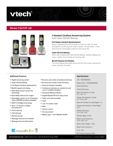 User manual | VTech Model CS6729-4D | Manualzz