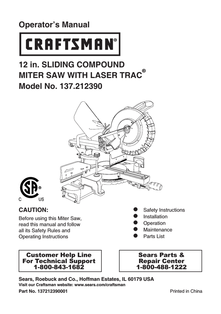 Craftsman 21239 12 in. Sliding Compound Miter Saw Operator`s manual