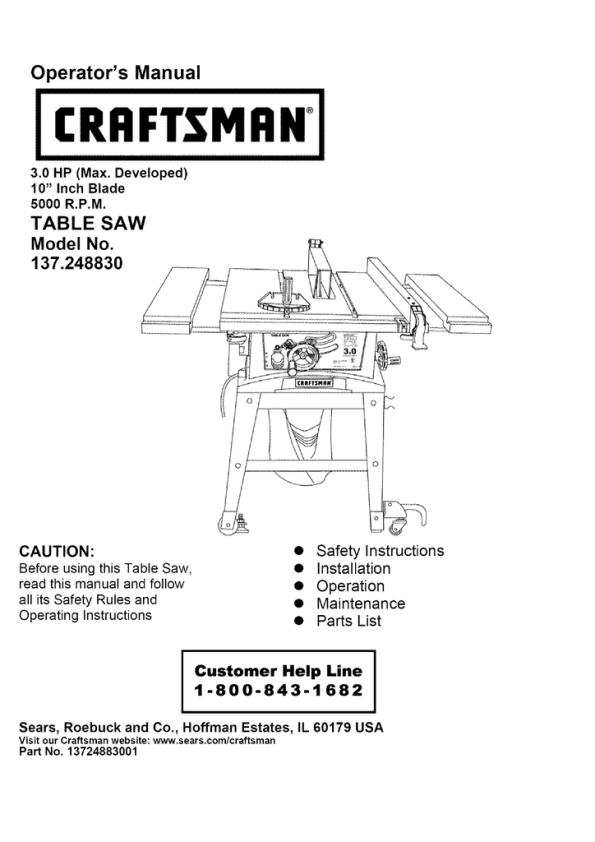 Craftsman 10 Inch Table Saw Model 113 Manual