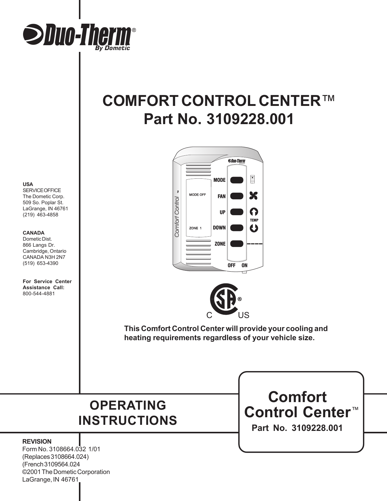 4 5 01 3109228 001 Comfort Control Center Operating Instructions