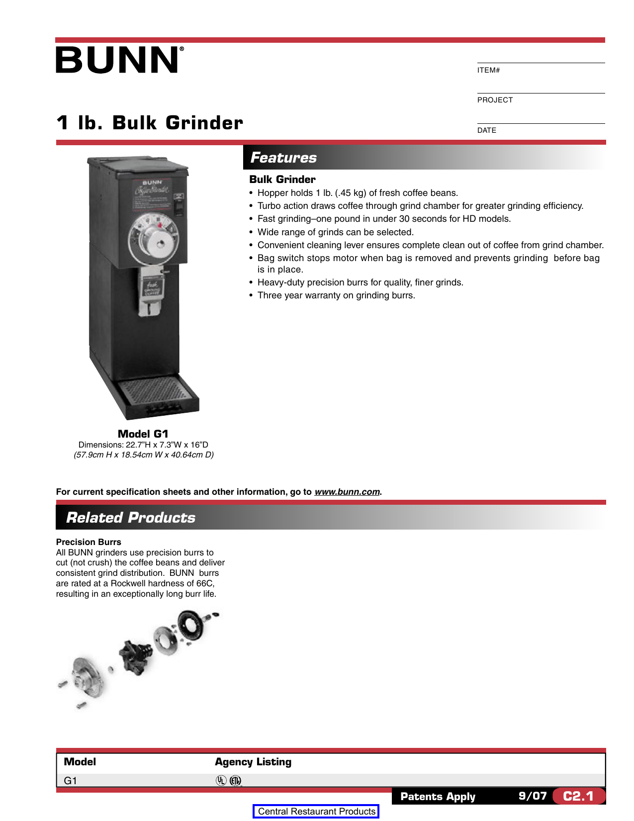 Bunn Bulk Coffee Grinder G1 Spec 