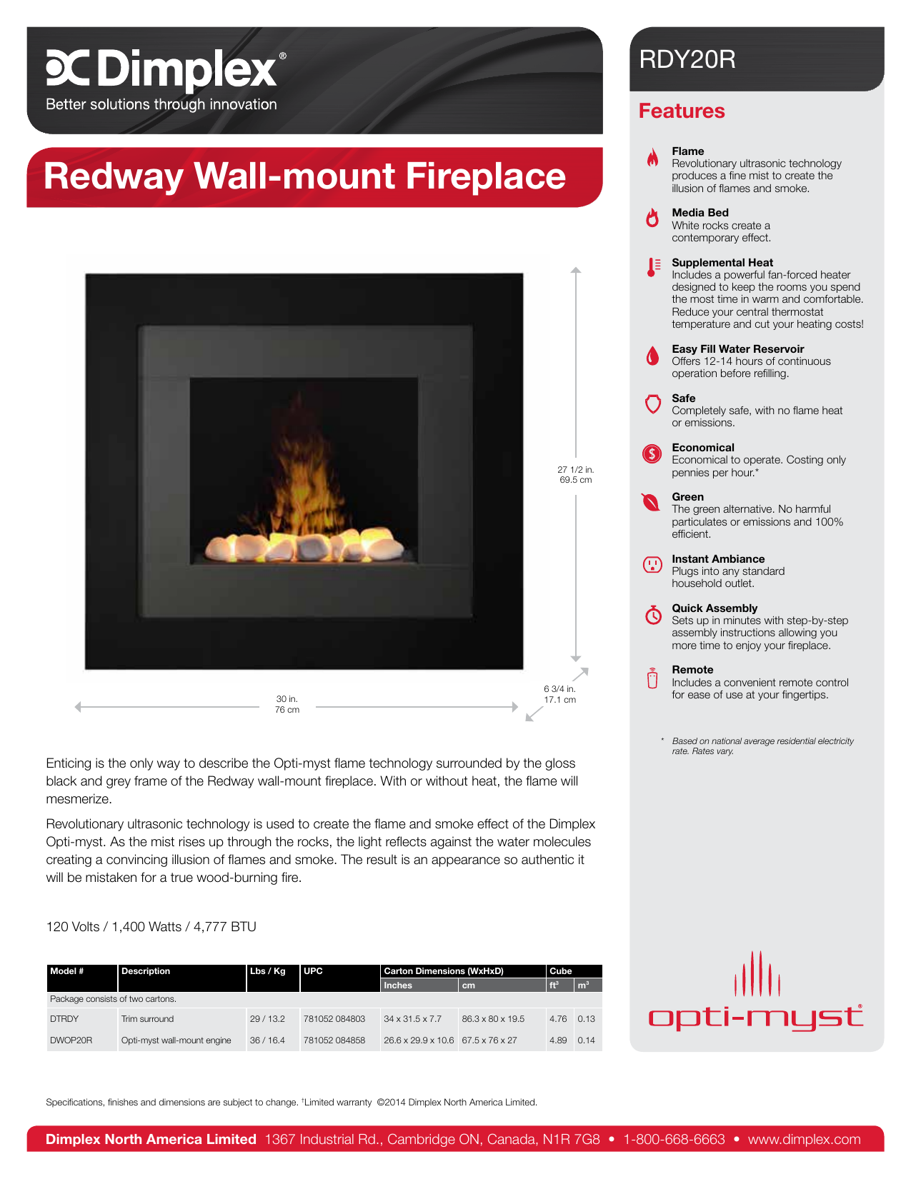Redway Wall Mount Fireplace Manualzz, Dimplex Rdy20r Redway Wall Mount Electric Fireplace