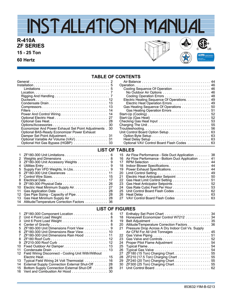 York ZF SERIES Specifications Manualzz