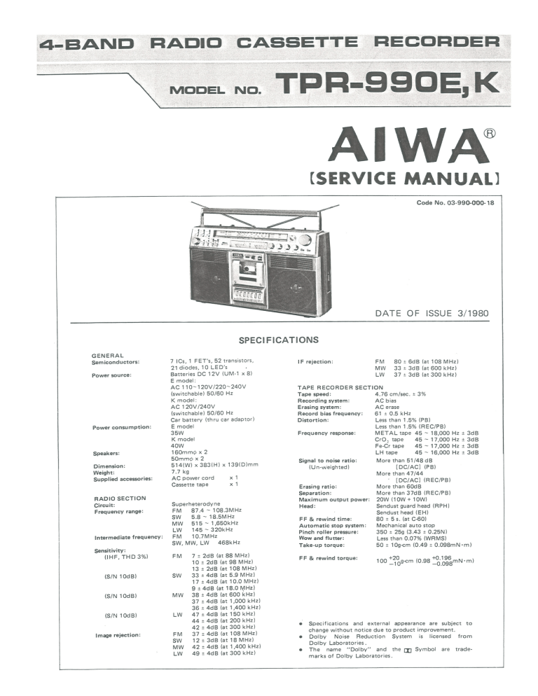 Aiwa Tpr 990k Tpr 990e User Manual Manualzz