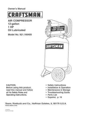 Craftsman 921.1664 Air Compressor Operating instructions | Manualzz