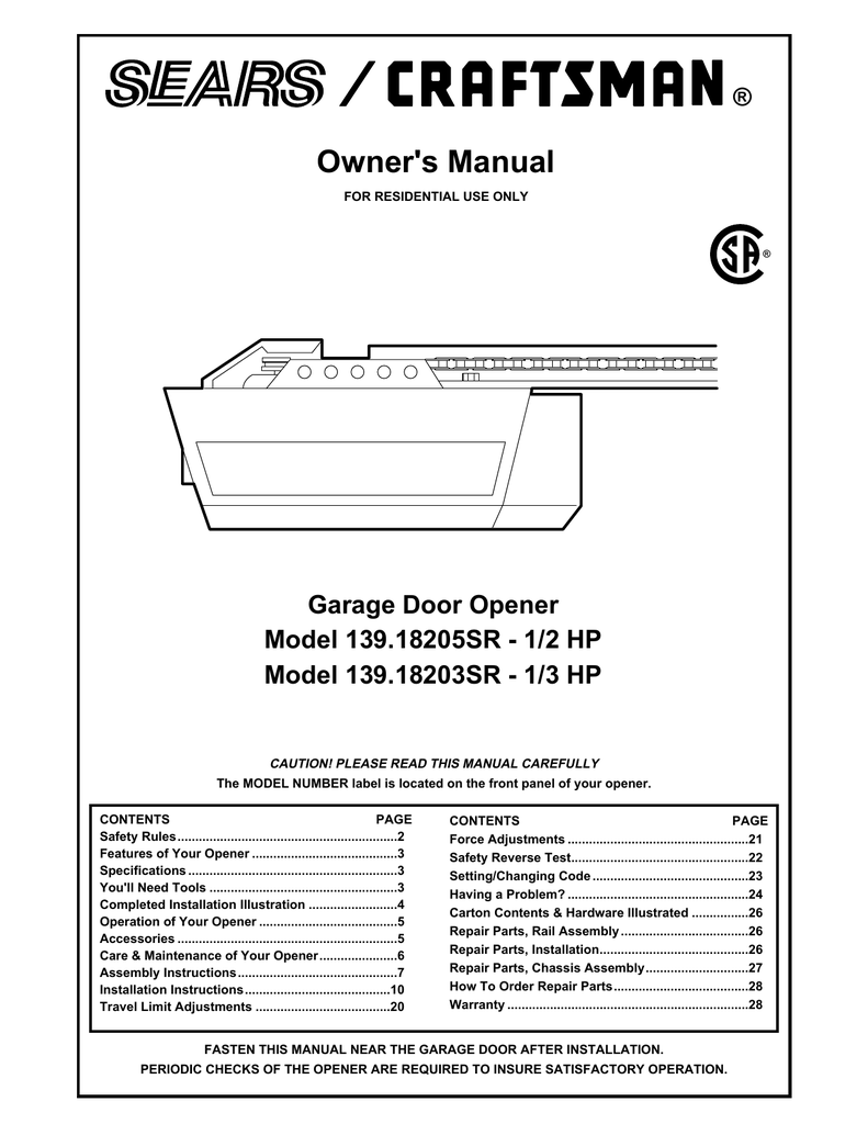 Sears 139 18203sr 1 3 Hp Owner S Manual Manualzz