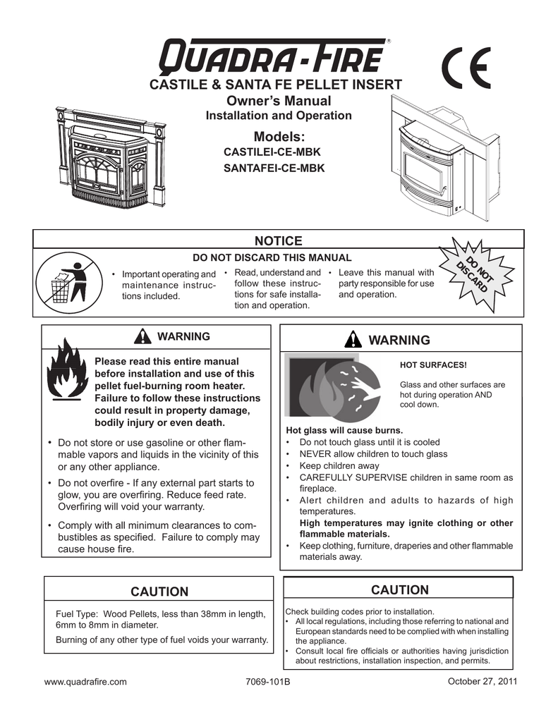 Quadra-Fire Santa Fe Pellet Insert SANTAFEI-B Owner`s manual | Manualzz