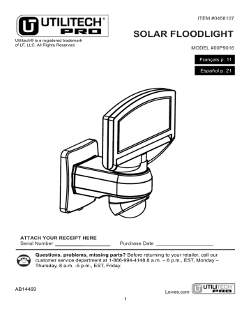 Utilitech | 00P9016 | User manual | SOLAR FLOODLIGHT | Manualzz