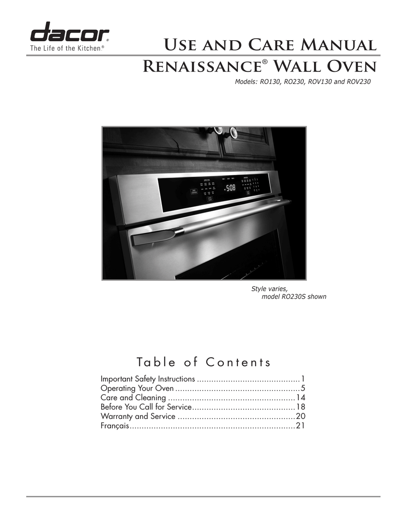 Dacor RO230 User manual USE ANd CARE MANUAl RENAISSANCE® WAll