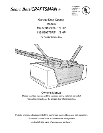 Craftsman 139 53927 Owner S Manual, Sears Garage Door Opener Manual