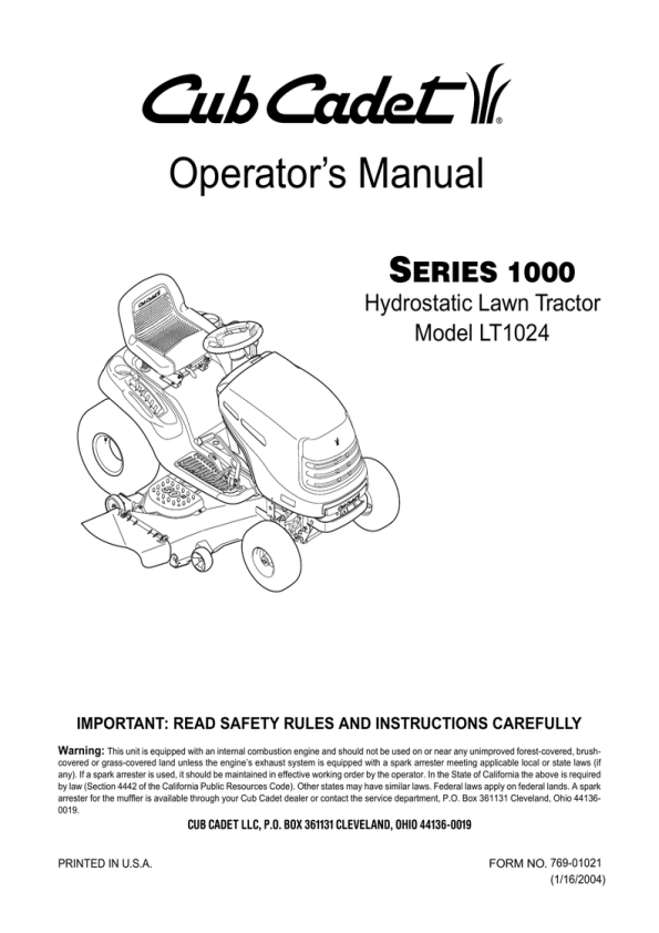 Cub Cadet Lt 1024 Lawn Mower Operators Maintenance Manual 04 05 Business Industrial Heavy Equipment Parts Attachments Westernfertility Com