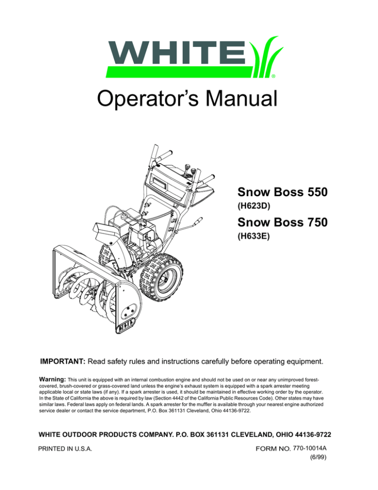 White Snow Boss 750 Operator`s manual | Manualzz