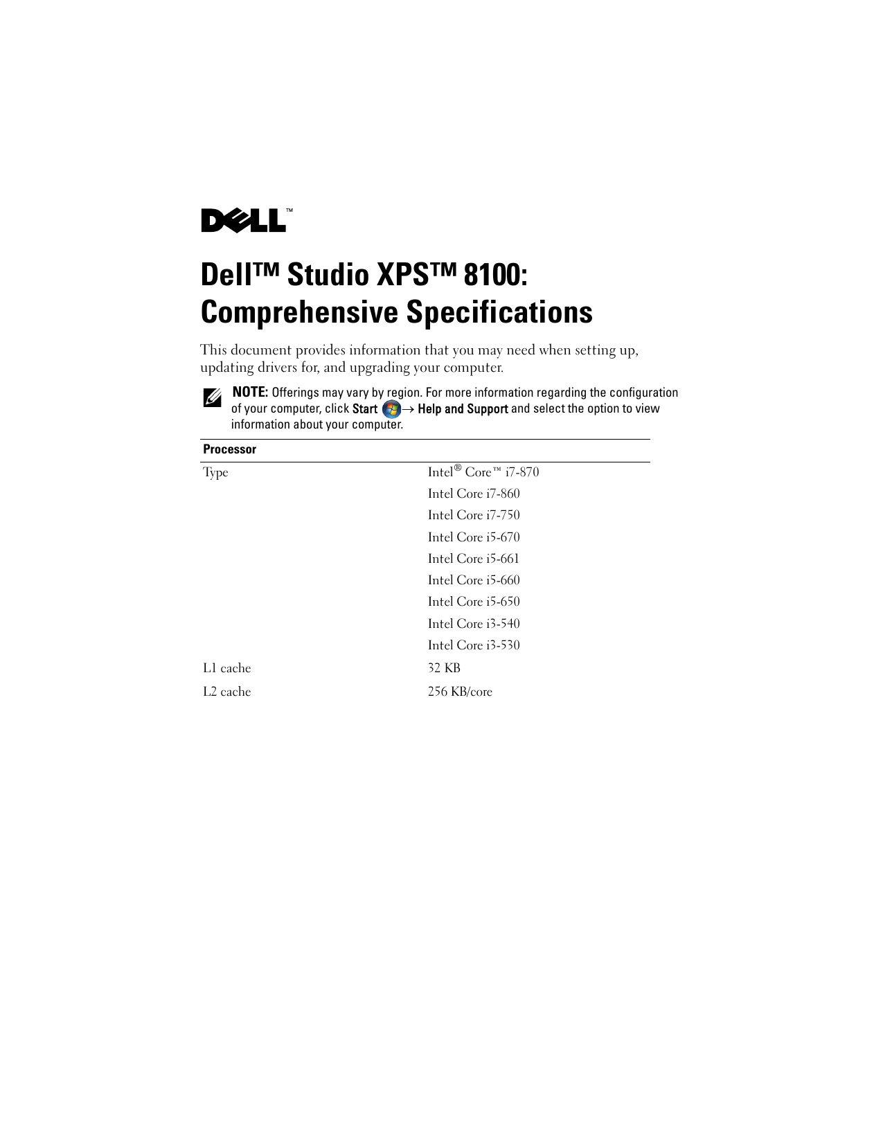 STUDIO XPS D03M001 | XPSTM 8100 | User manual | Dell Studio XPS 8100  Comprehensive Specificationd | Manualzz