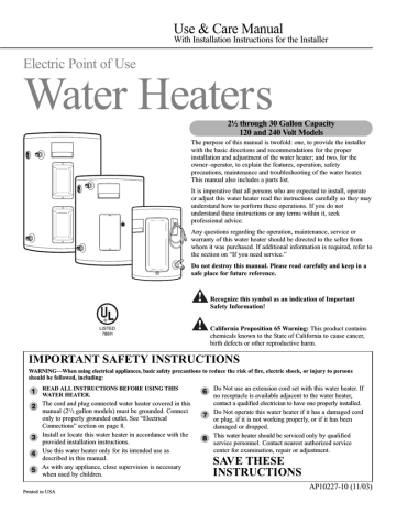 Rheem 30 Gallon Operating instructions | Manualzz