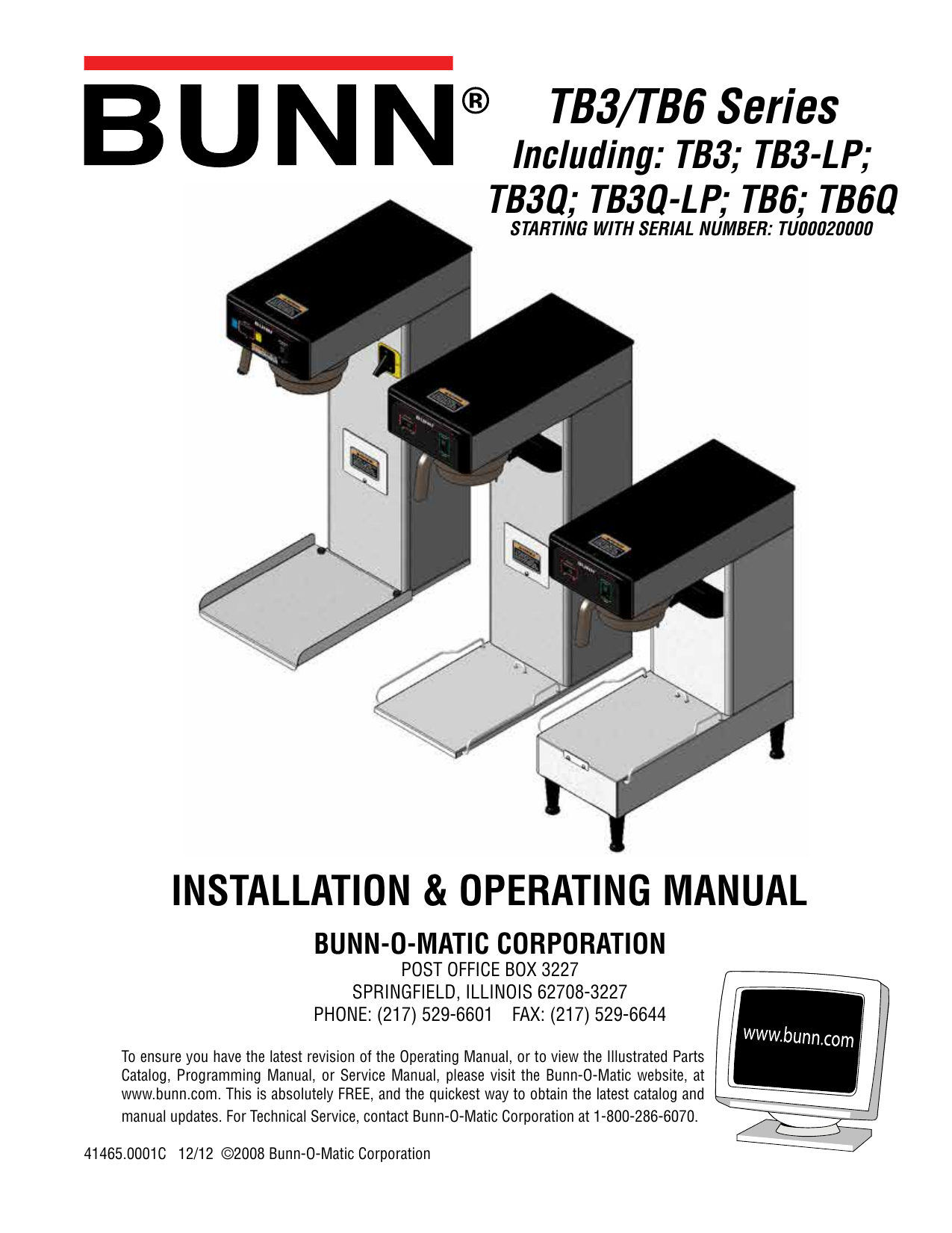 Bunn Tb6q Service Manual Initial Set Up Tb3q