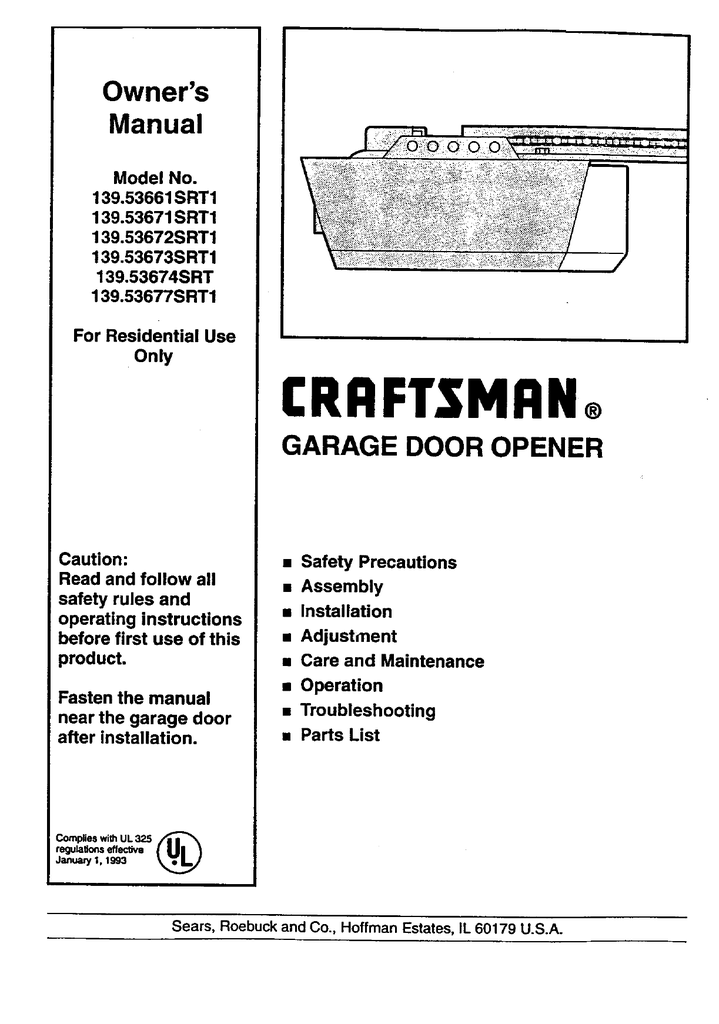 Craftsman 139 53671srt1 Owner S Manual, Sears Craftsman Garage Door Opener Manual