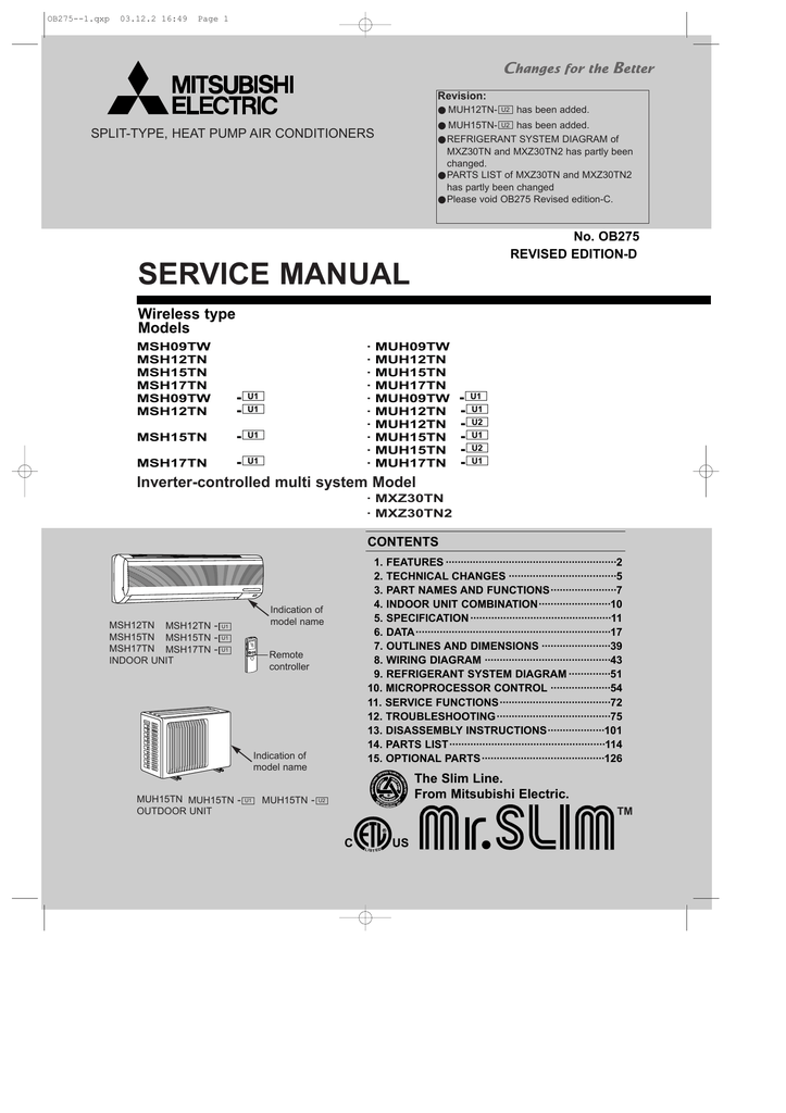 Mitsubishi Electric MSH12TN Service manual apc wiring diagram schematic 