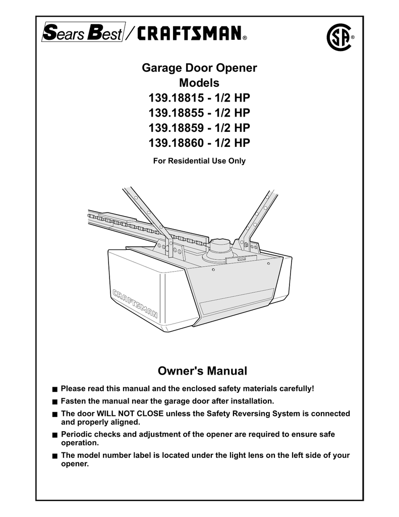Craftsman 139 18855 Owner S Manual, Craftsman Garage Door Opener Wiring Instructions Pdf