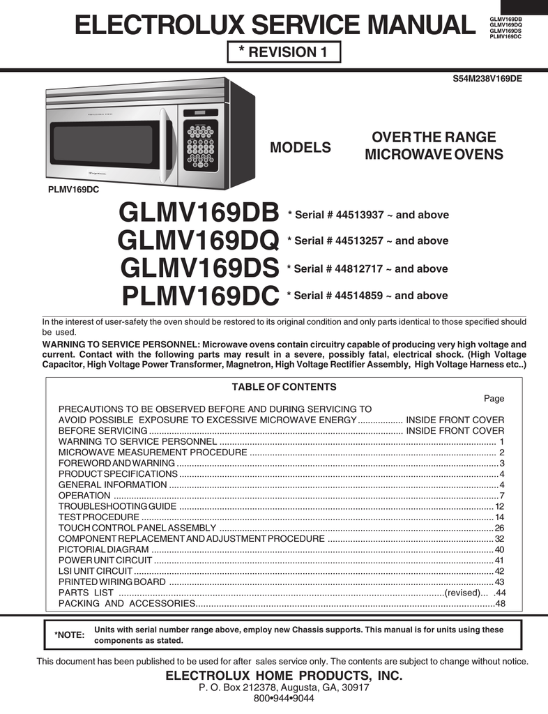 electrolux manual for over the range microwave