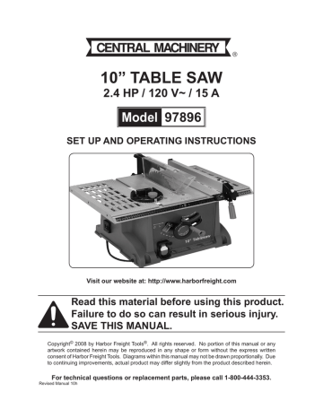 Central Machinery 97896 Operating, Chicago Electric Table Saw Motor