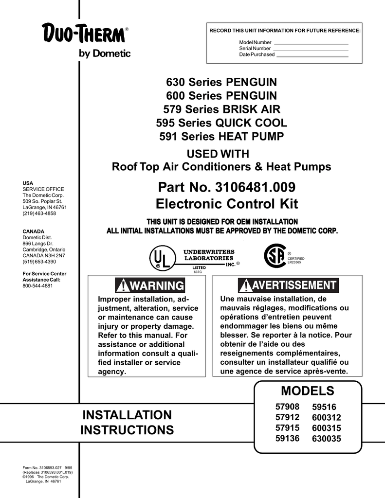 Dometic Air Conditioner Service - Dometic 3310725001 Rv Duo Therm Air