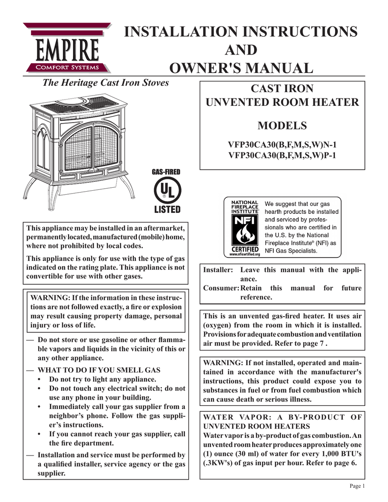 Empire Comfort Systems Vfp30ca30bn 1 Owner S Manual Manualzz Com