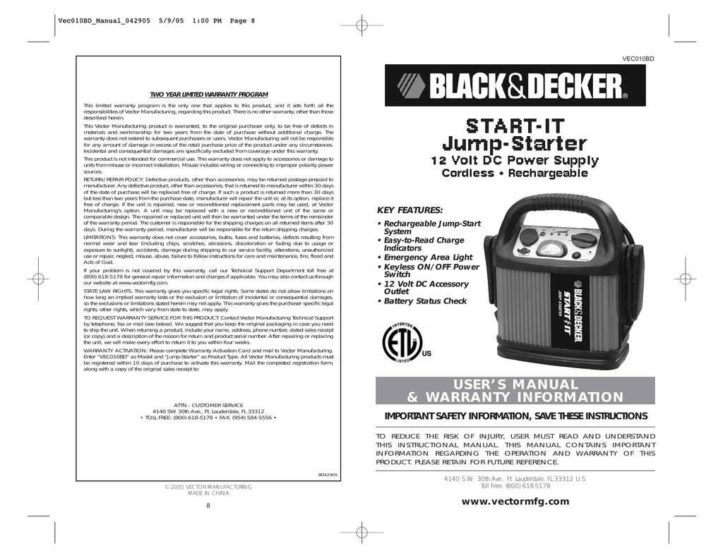 BLACK & DECKER START-IT VEC010BD USER MANUAL Pdf Download