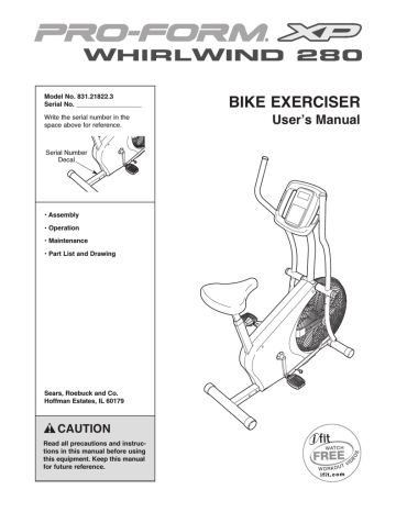 User's manual | ProForm XP WhirlWind 280 User`s manual | Manualzz