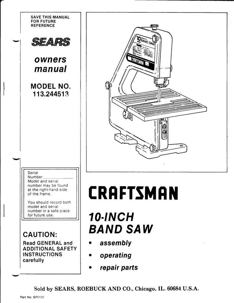 Craftsman 9/" Bandsaw Operators Manual 113.244580