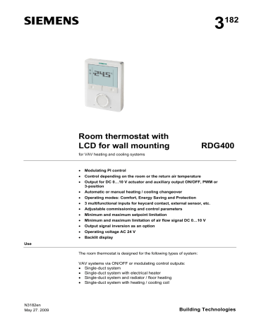 Siemens | User manual | 3182 Room thermostat with LCD for wall mounting RDG400 | Manualzz